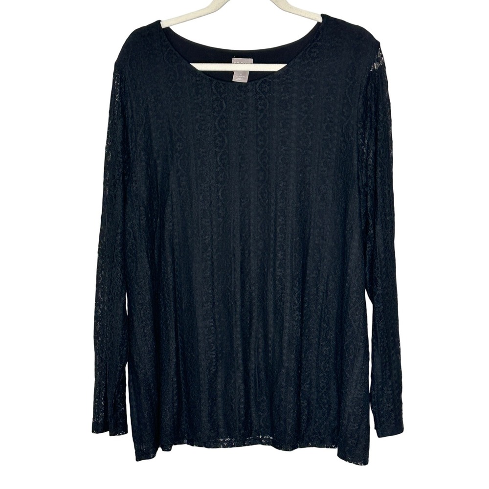 Chicos Black Lace‎ Long Sleeve Top Women Size XXL Sheer Overlay